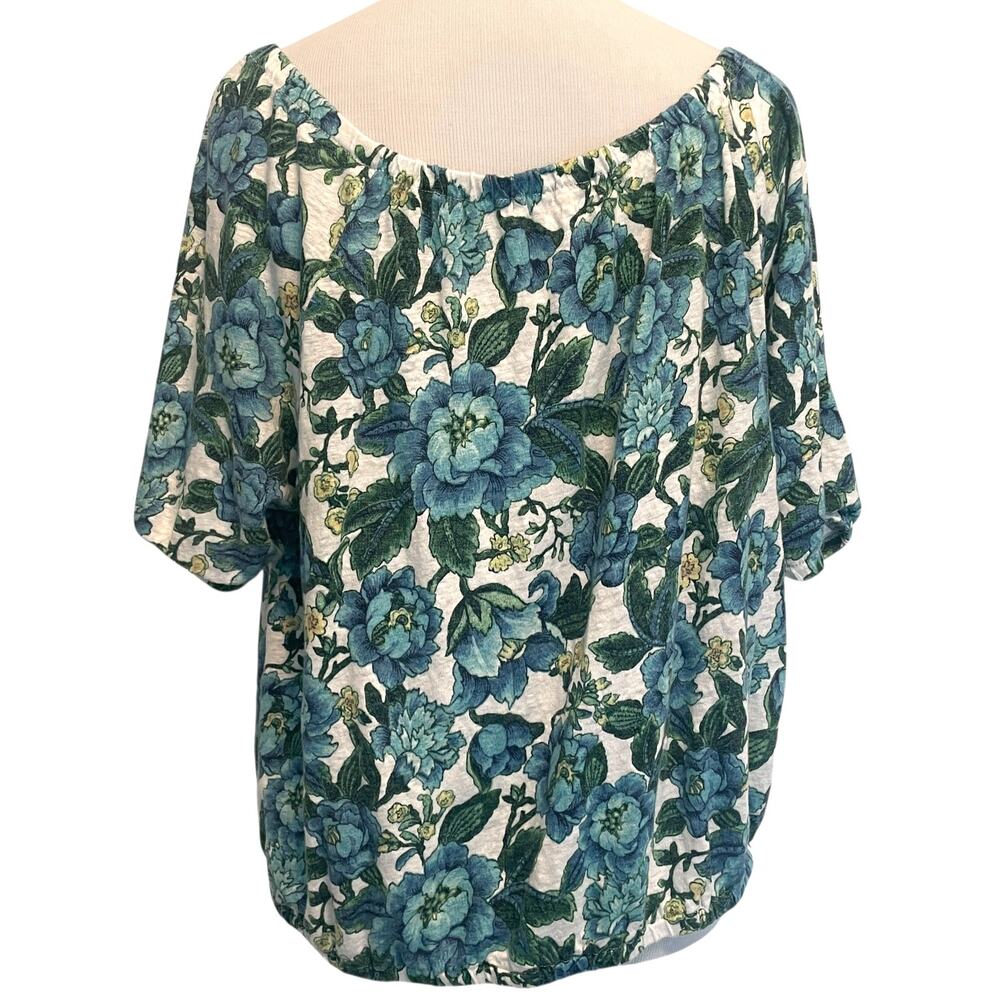 LOFT Floral Shirred Linen Top Womens Large Blue Green Bubble Hem Tee - Picture 5 of 9